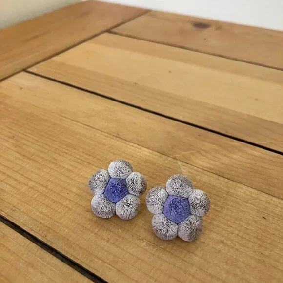 Indigenous Hand Crafted Moose Hair Tufted Gray and Purple Pom Flower Earrings - Picture 4 of 6